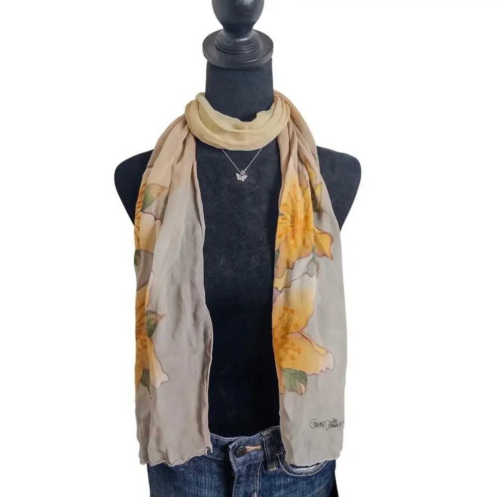 Carol Patterson 100% Silk Chiffon Floral Scarf Watercolor Botanical Wrap
